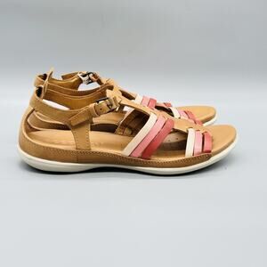 ECCO Sandals Womens 8.5 Brown Pink Leather Strappy Buckle Flat Comfort Shoes